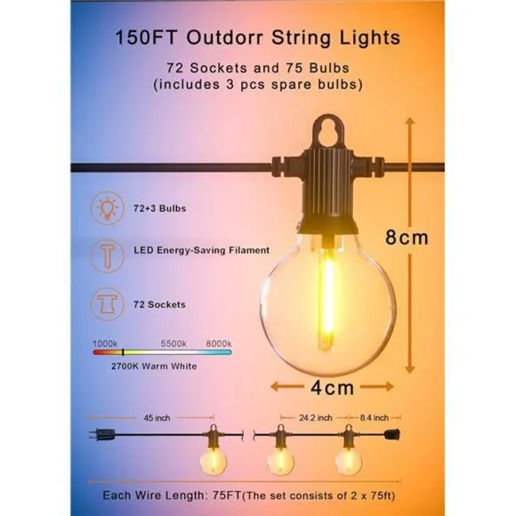 Outdoor String Lights, 150FT Patio Lights with 75 Shatterproof G40 Globe Bulb